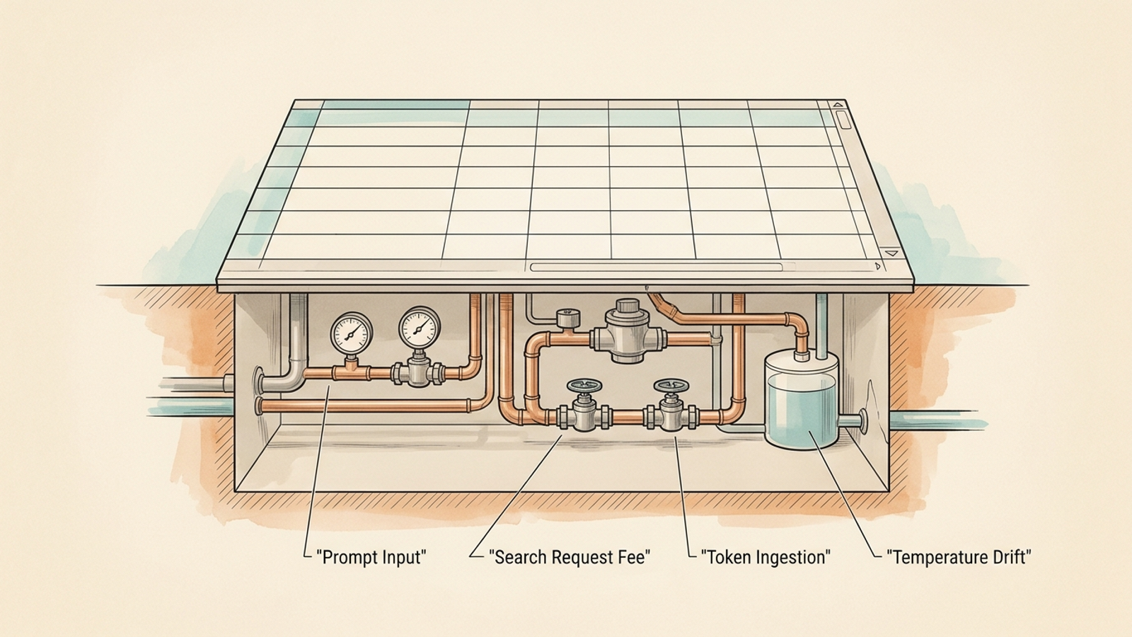 A monitoring spreadsheet with API pipelines and search-request meters visible beneath it.