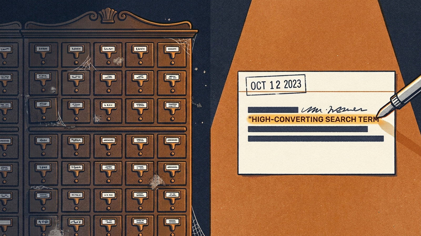 Risograph print contrasting a multi-drawer catalog cabinet with a single brightly lit dated index card being scanned by a mechanical reader.