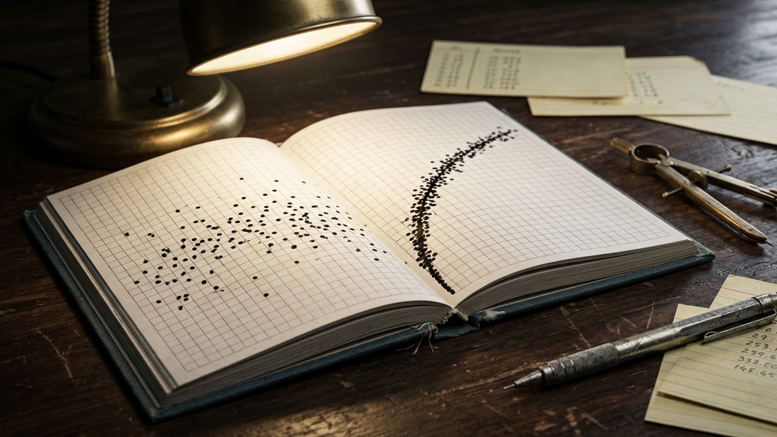 A notebook beside a scatter plot showing widely scattered points gradually narrowing into a steadier pattern.