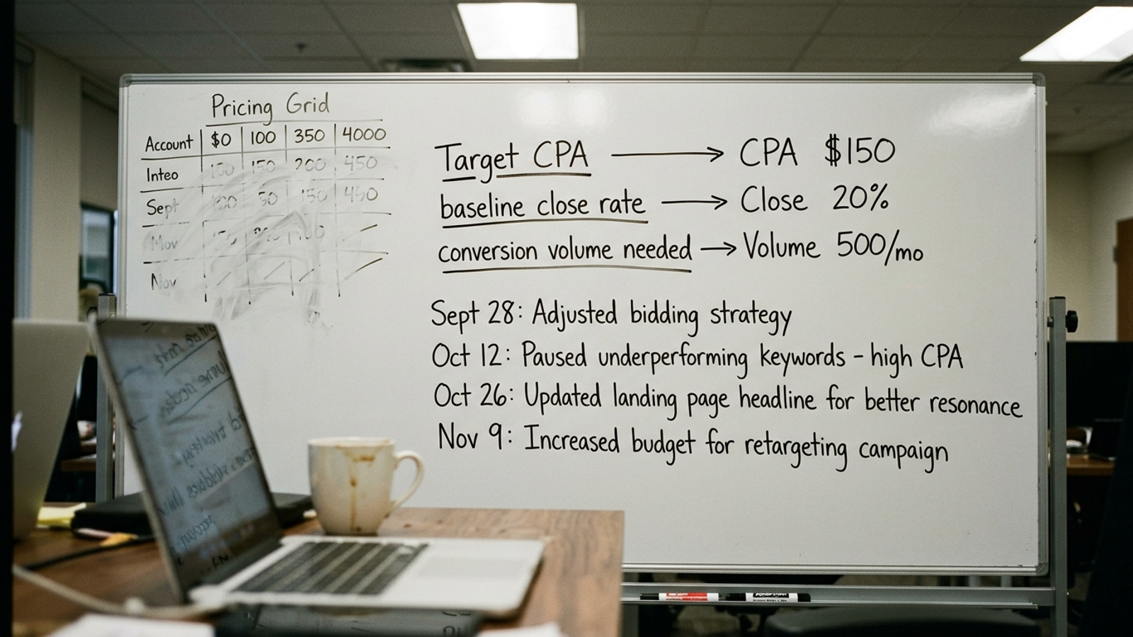 A whiteboard with a written launch target, baseline numbers, and dated change-log entries