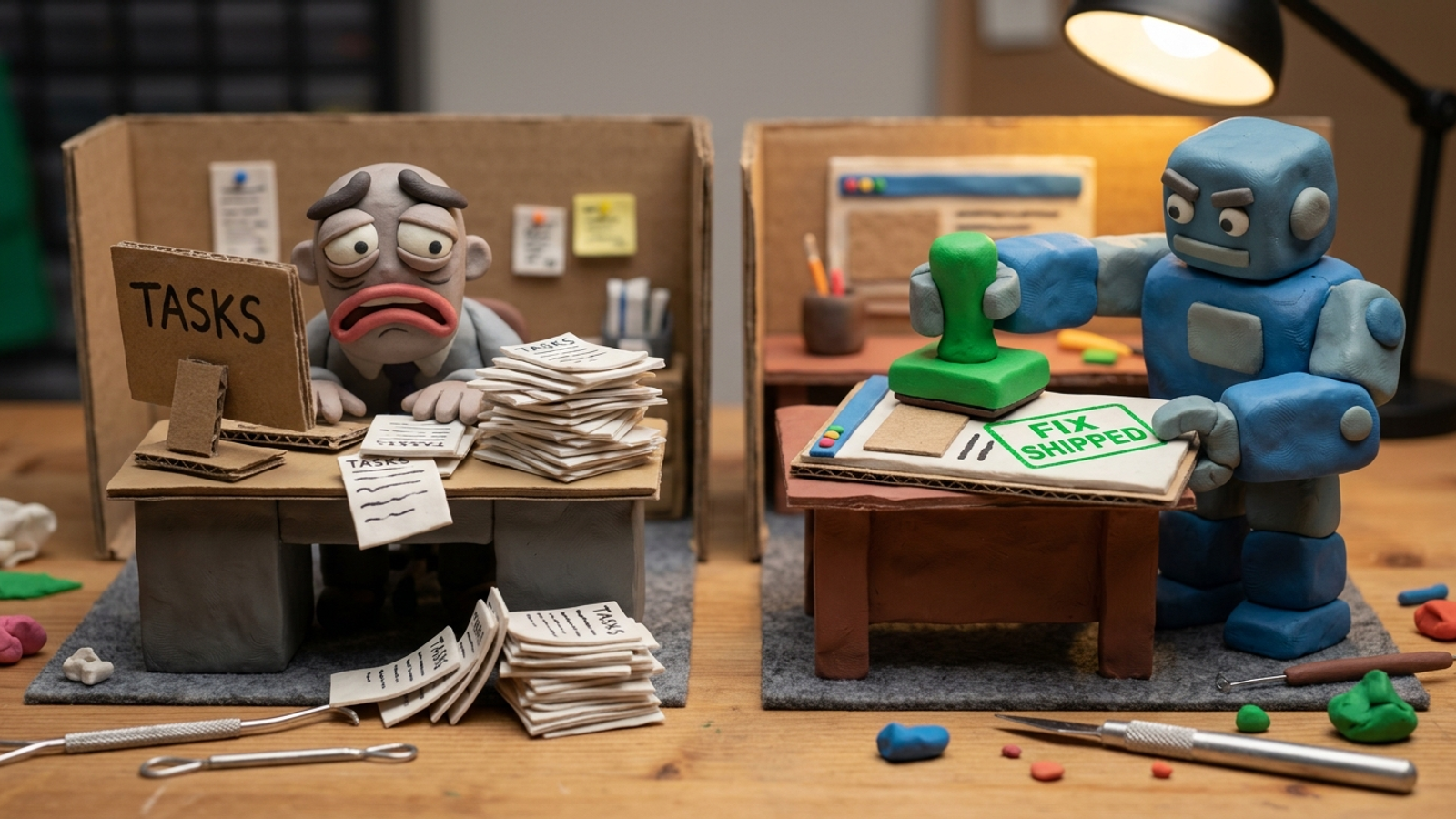 Clay figure facing a task-only dashboard beside a machine shipping fixes