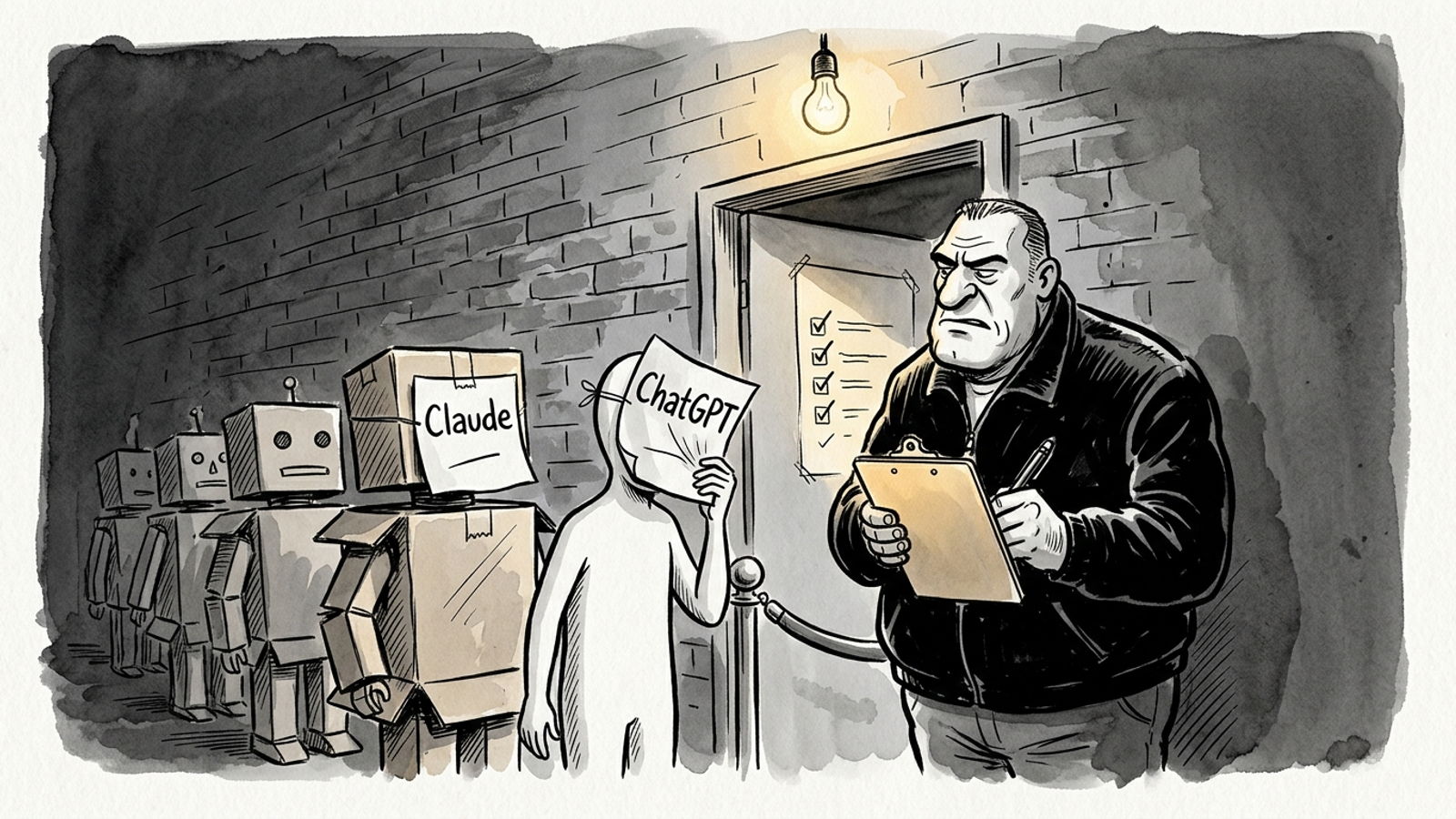 A bouncer checking IDs while costumed impostors wait outside