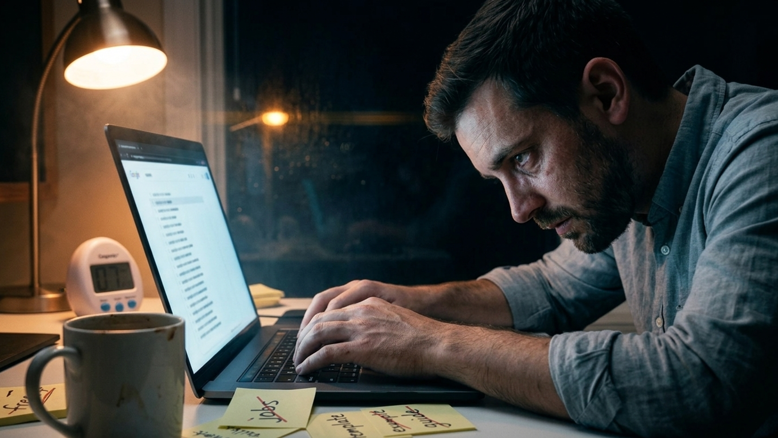 A laptop beside a coffee mug during a late-night search terms review