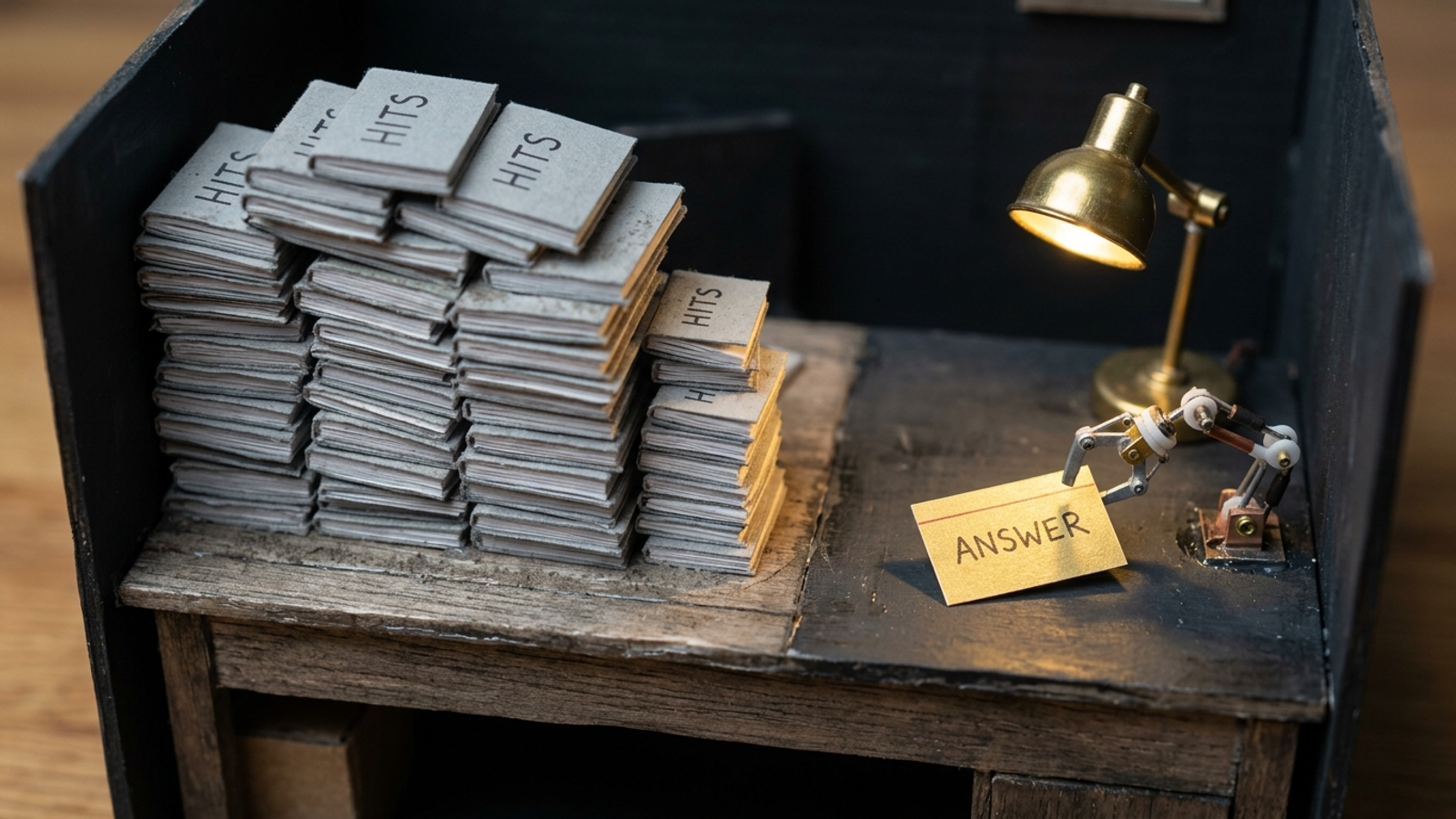 Small answer card being pulled by a robot arm beside a tall stack of server log books