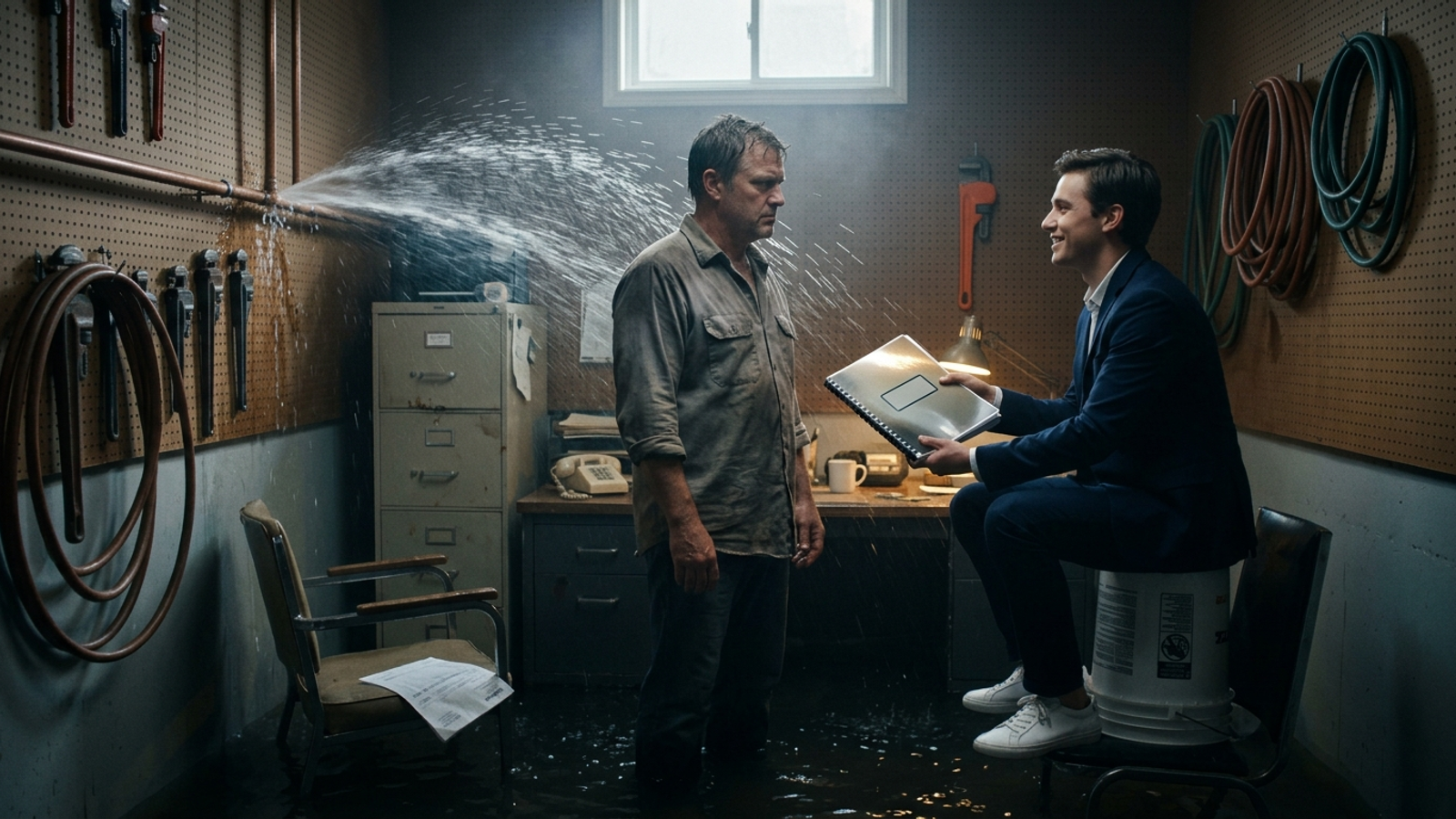 A consultant hands a glossy report to a soaked plumbing-shop owner as a burst pipe floods the office, the wrenches on the wall untouched.