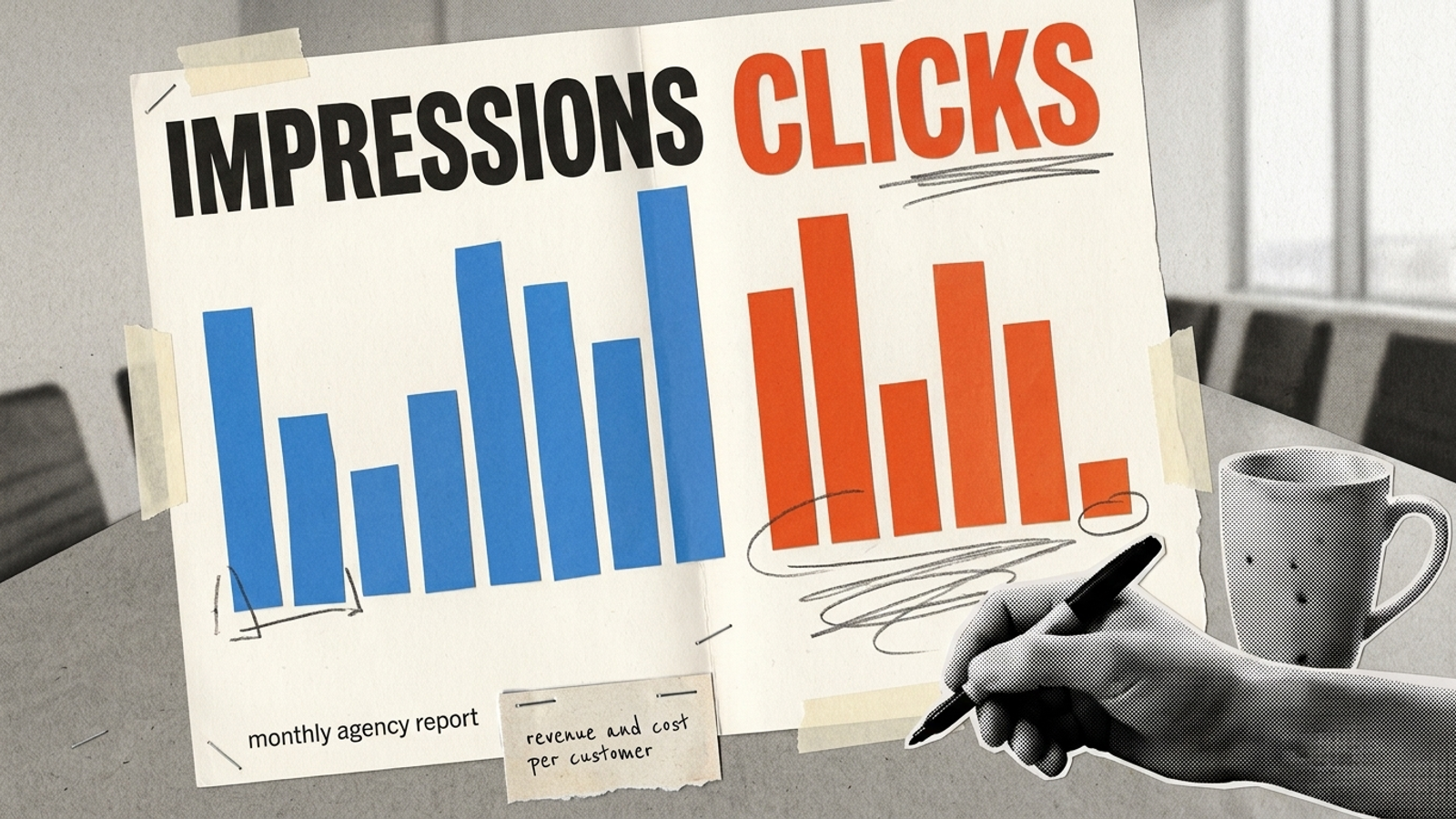 An agency report with large impressions and clicks figures above a small revenue figure.