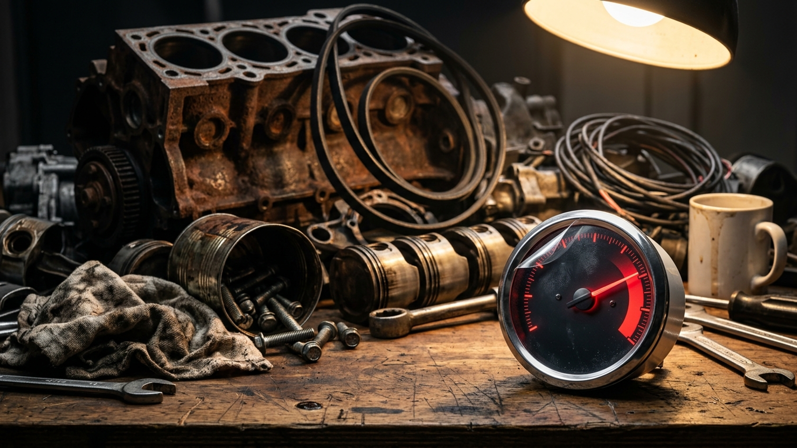 A tiny shiny speedometer glowing red sits before a huge pile of disassembled engine parts: the gauge is cheap, the repair work is the real cost.