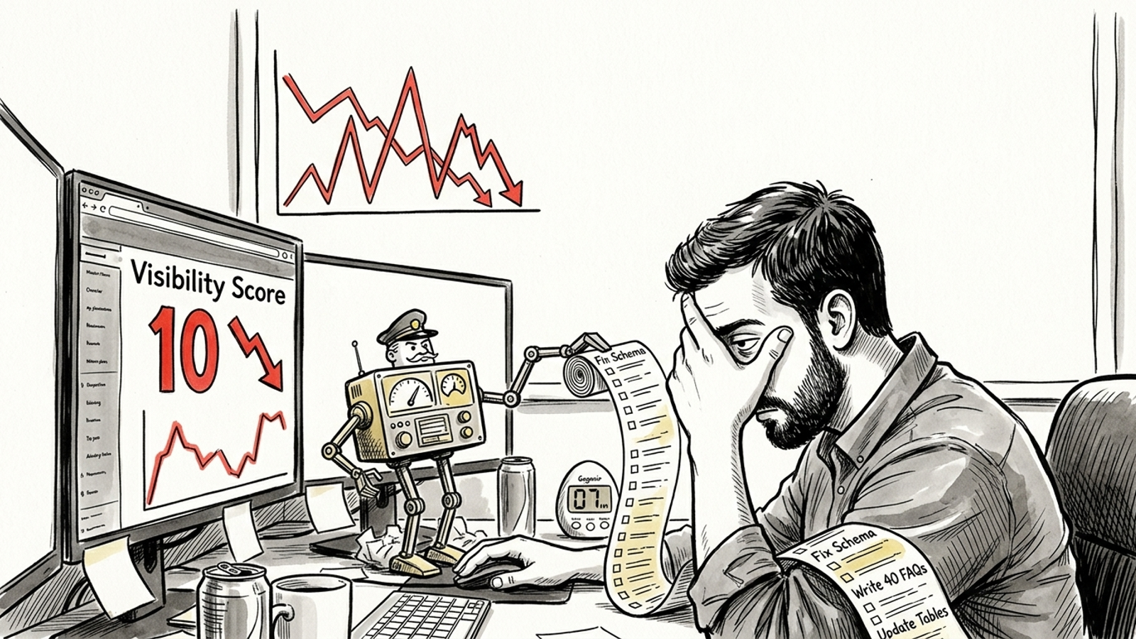 Ink cartoon of a weary marketer facing red charts as a tiny dashboard robot hands over more tasks.