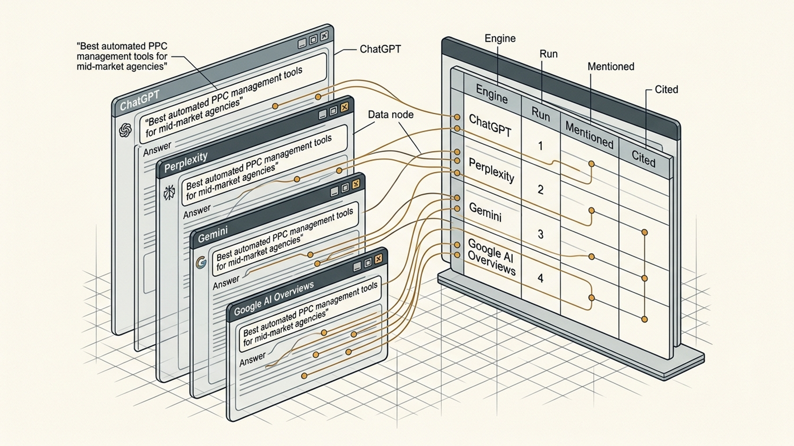 A clean browser session sends one prompt through four engines while results go into a spreadsheet ledger.