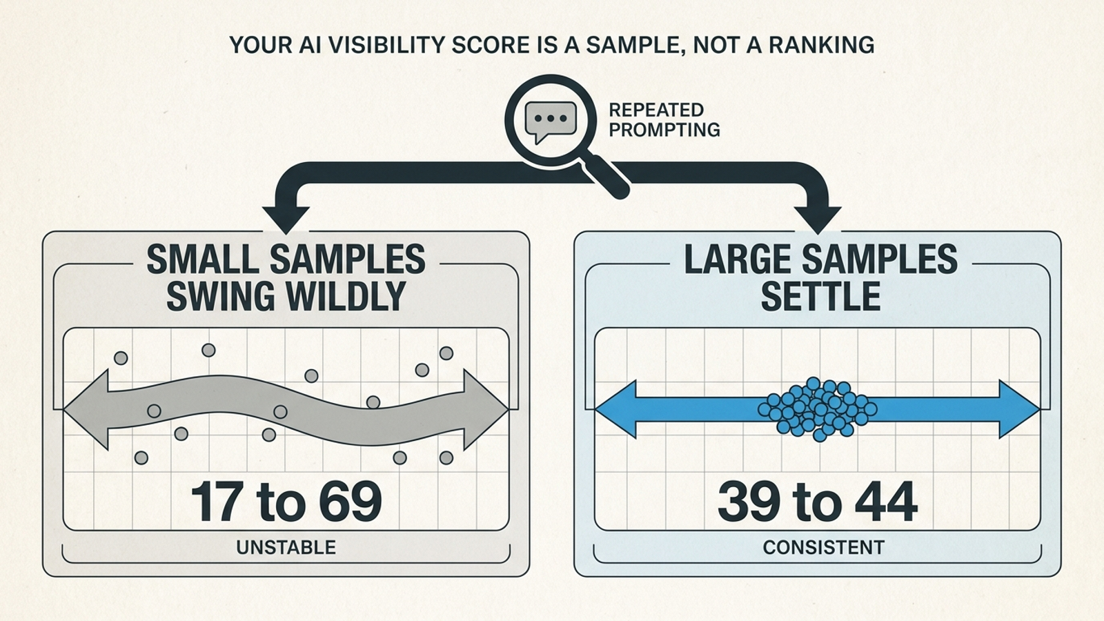 Infographic comparing a 10-prompt AI visibility sample with a 500-answer sample