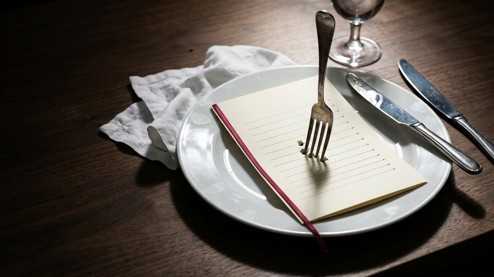 A fork stabbed through a menu card served alone on a dinner plate: a page that lists the meal but serves nothing to actually eat.