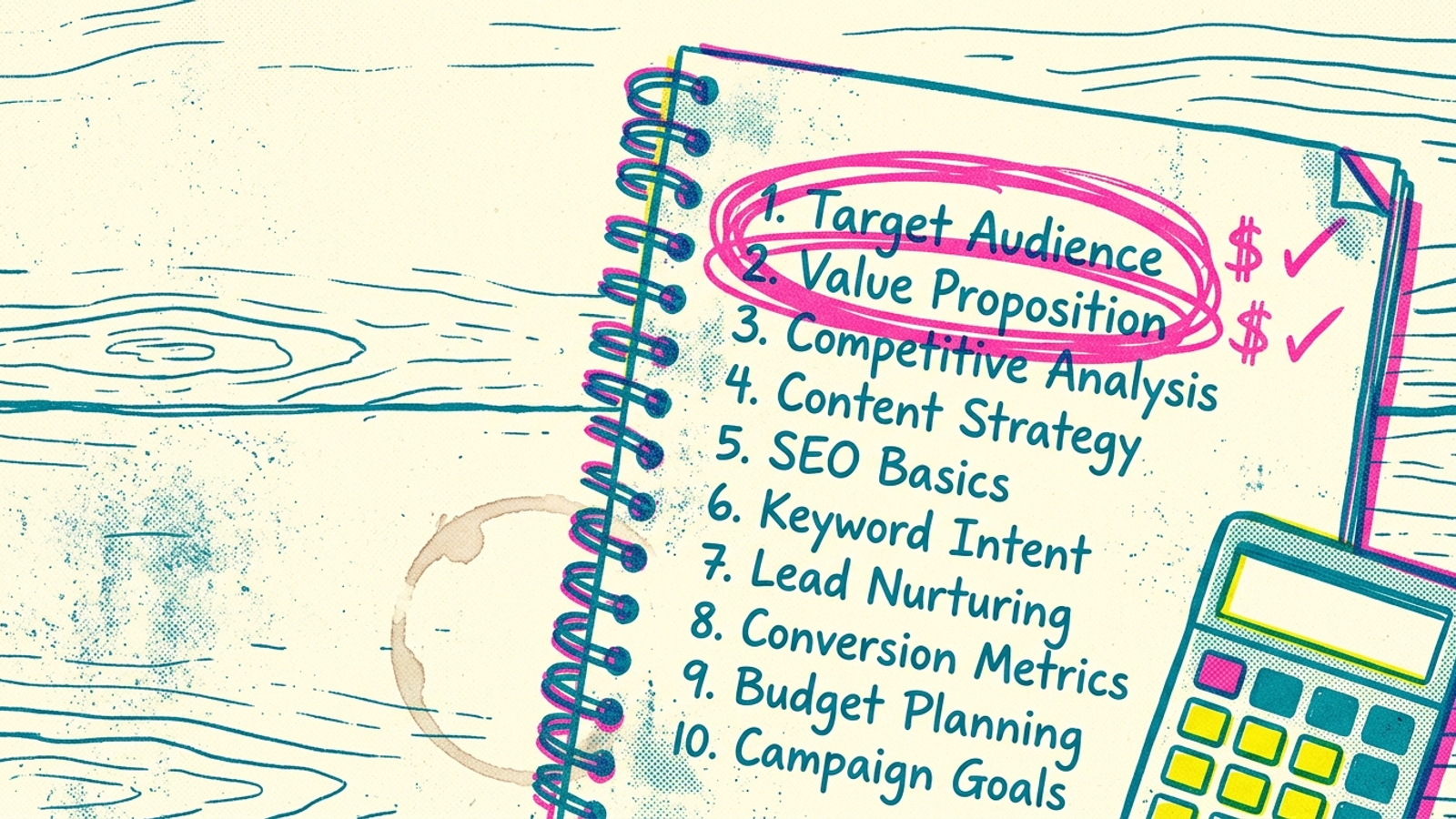 A ten-keyword ad plan with buyer-intent keywords marked as pages one and two