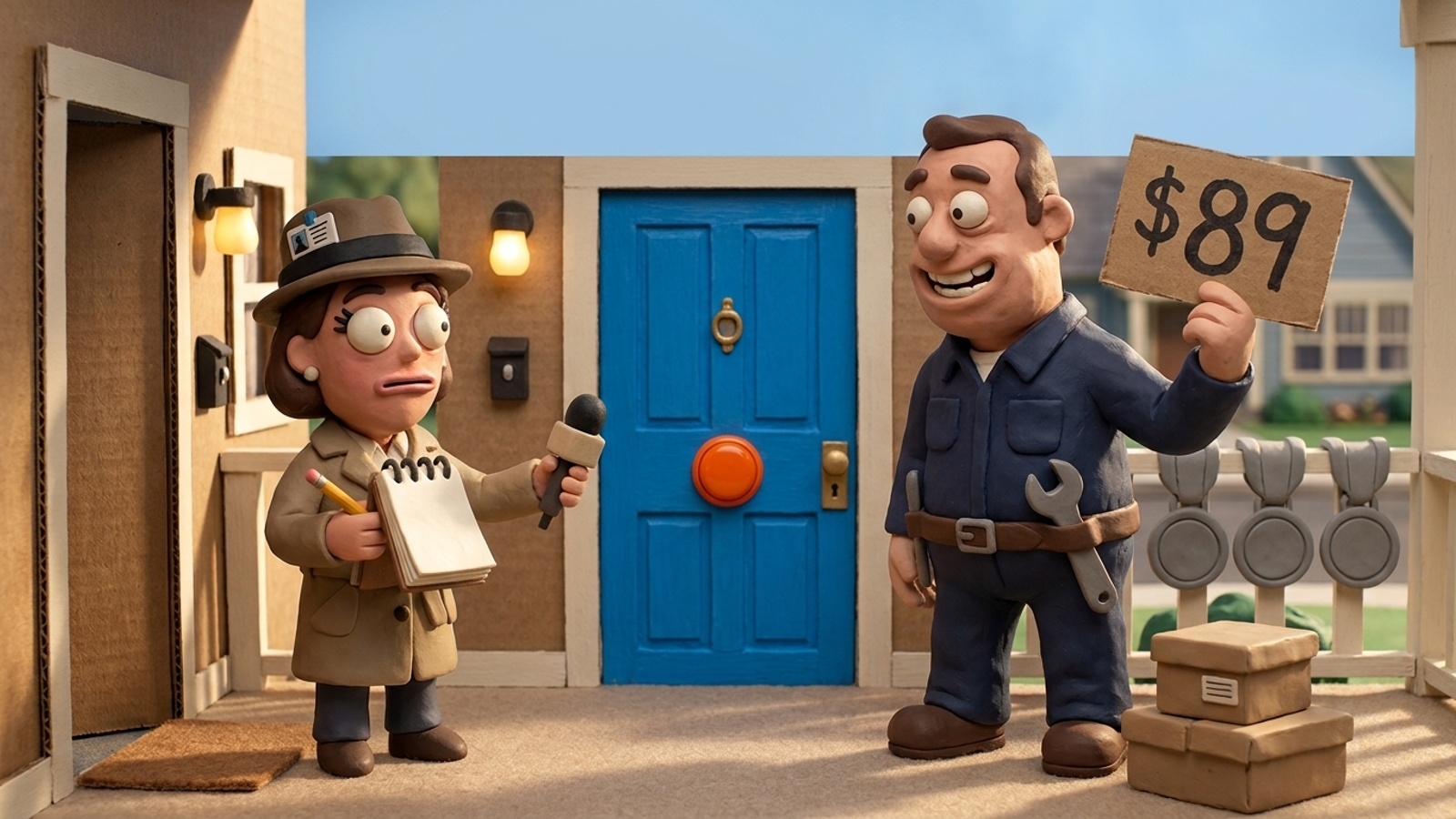Clay reporter with an empty notepad holds out a mic to a grinning plumber who answers only by pushing an $89 sign-up clipboard at her.