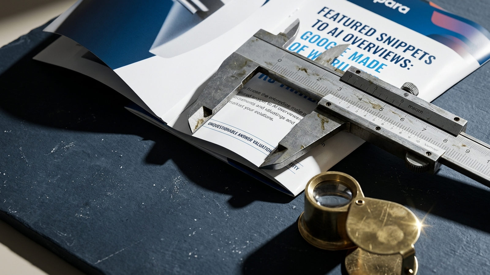 A glossy sales brochure beside a steel caliper.