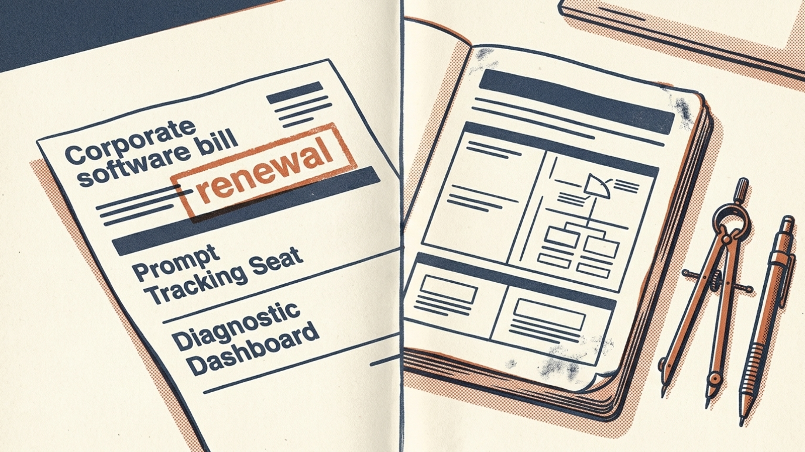 A split ledger sets an AI visibility tracker invoice against a published web page and a wrench.
