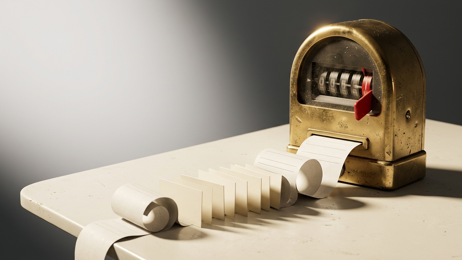 A brass taxi meter spews an endless receipt that buries a row of ten business cards, showing per-prompt software costs eating an agency's retainer.