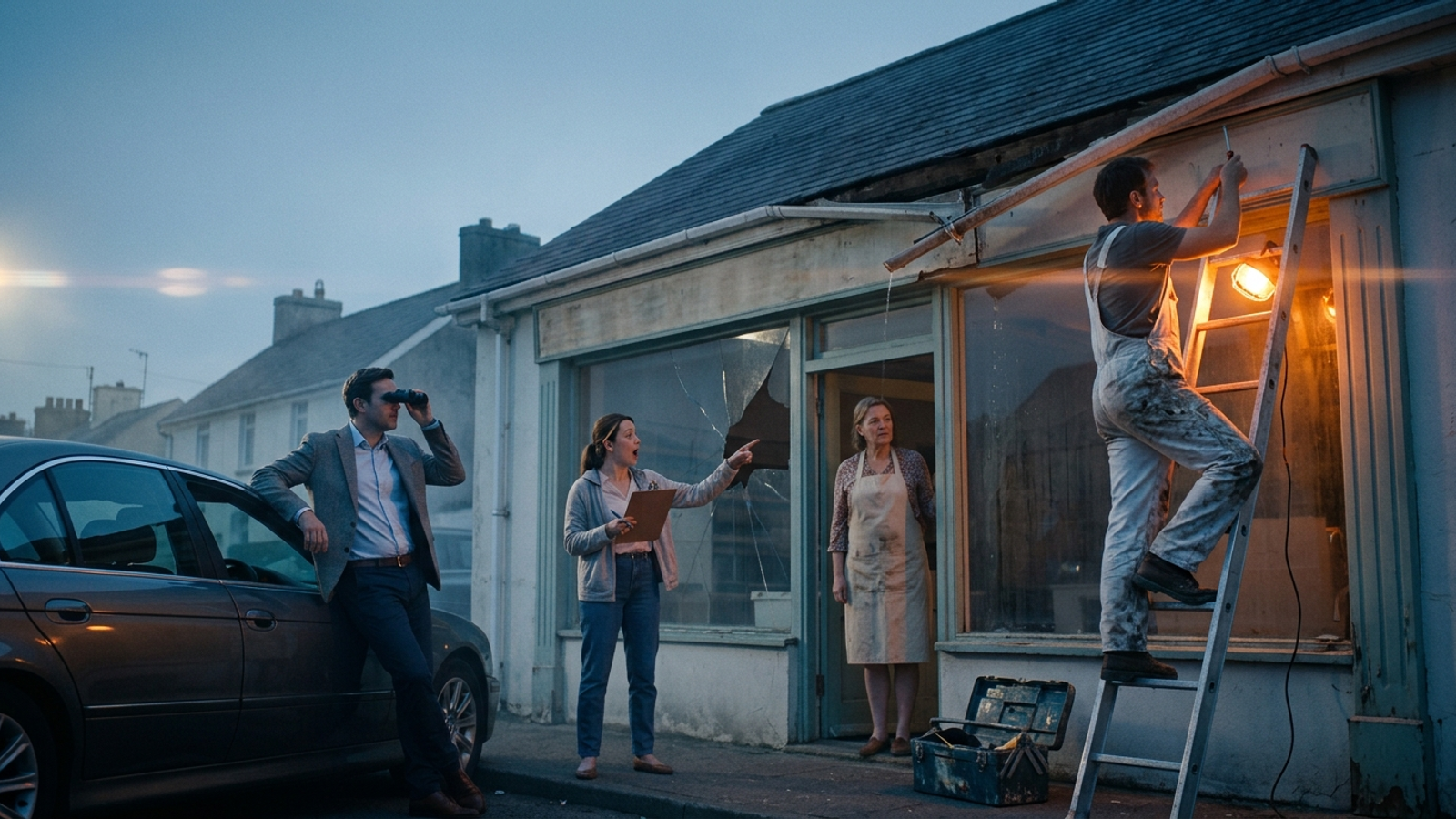 At dusk, three contractors face a broken shopfront: one watches through binoculars, one points with a clipboard, one is up a ladder fixing it.