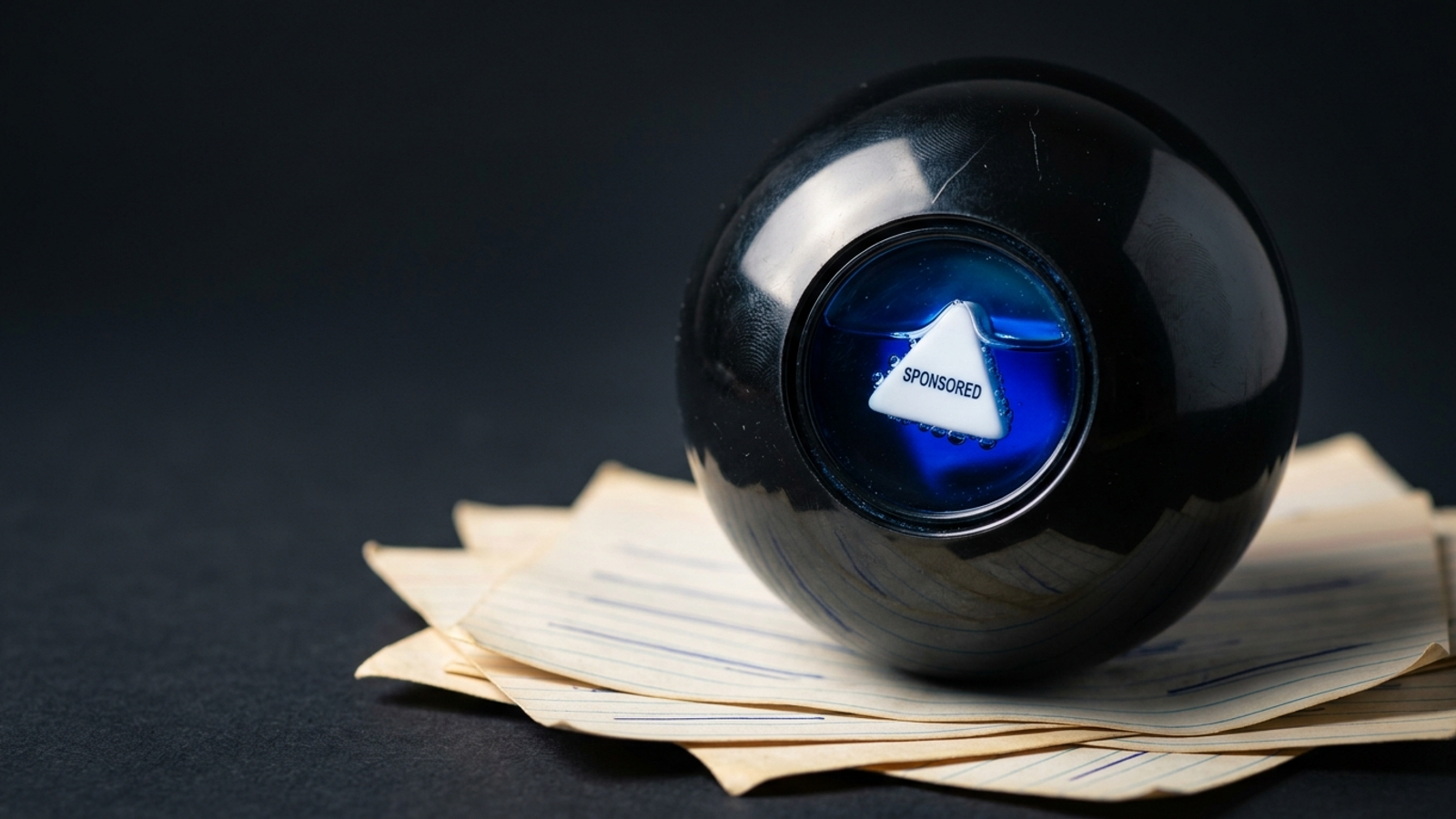 A fortune-telling 8-ball resting on faded blue-link index cards, its answer window reading "SPONSORED": the answer itself has become ad space.