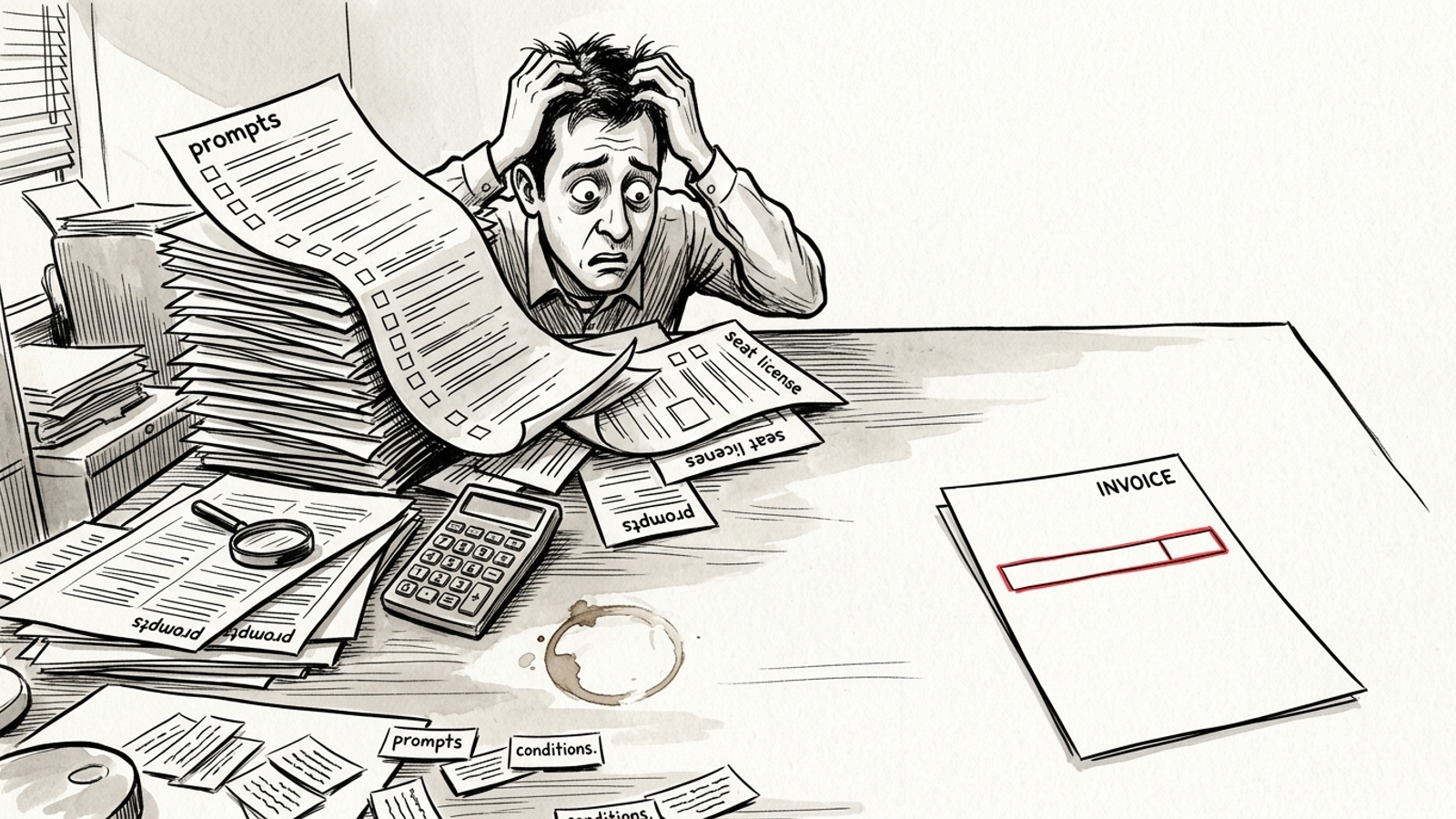 Cartoon of prompt-count invoices piling up beside one flat per-domain invoice