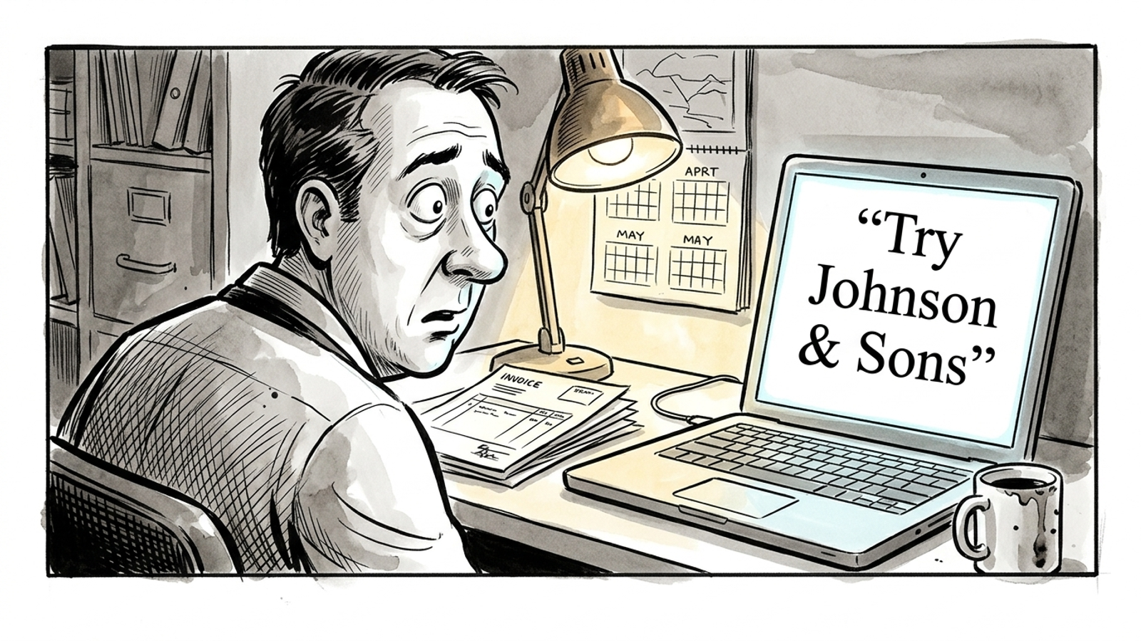 An owner looking at a laptop after an AI answer names a rival, drawn as an ink cartoon