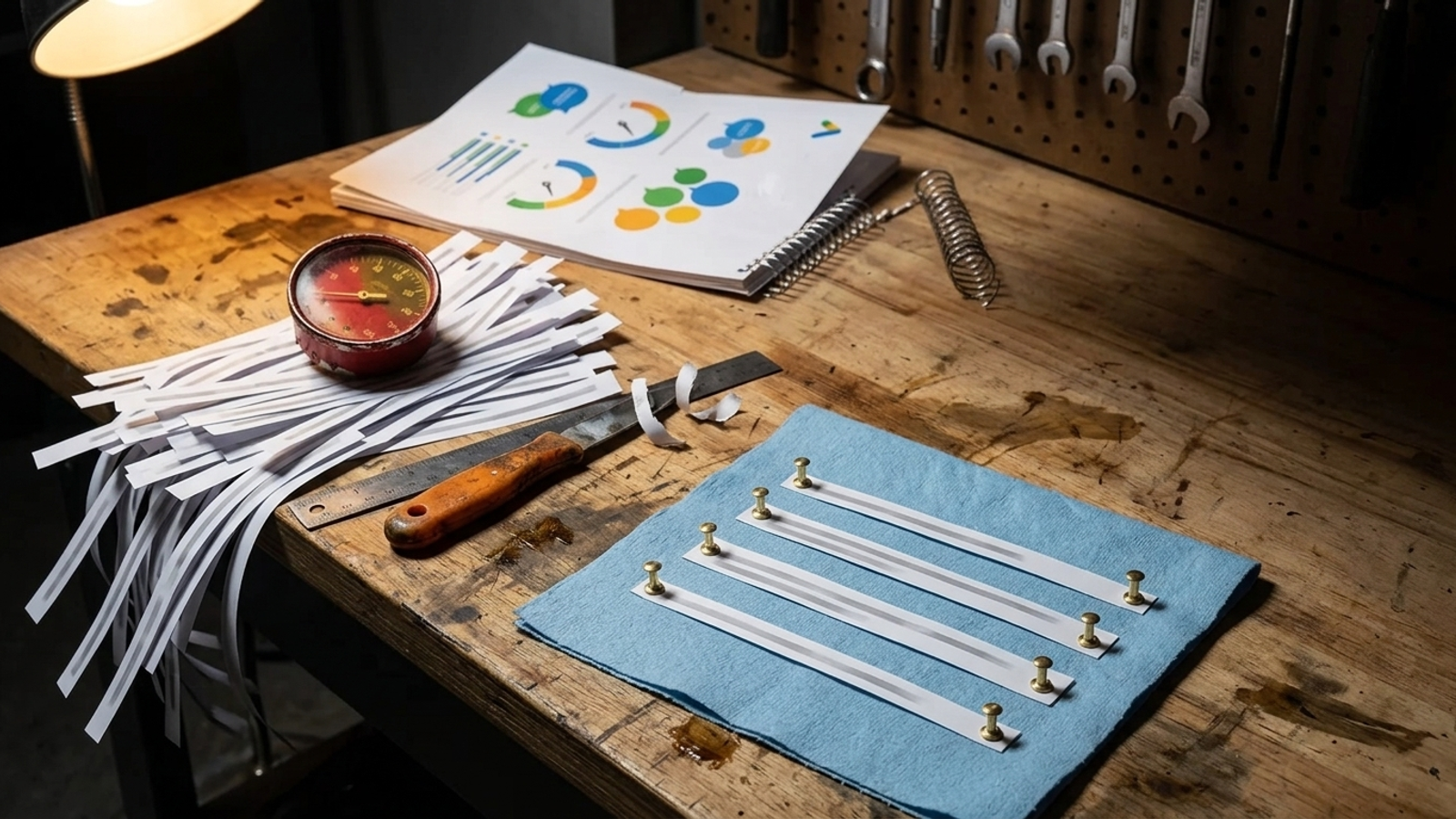 A dismantled report on a workbench: a heap of sliced-out rows and a discarded red gauge, with only four strips pinned neatly on a towel as worth keeping.