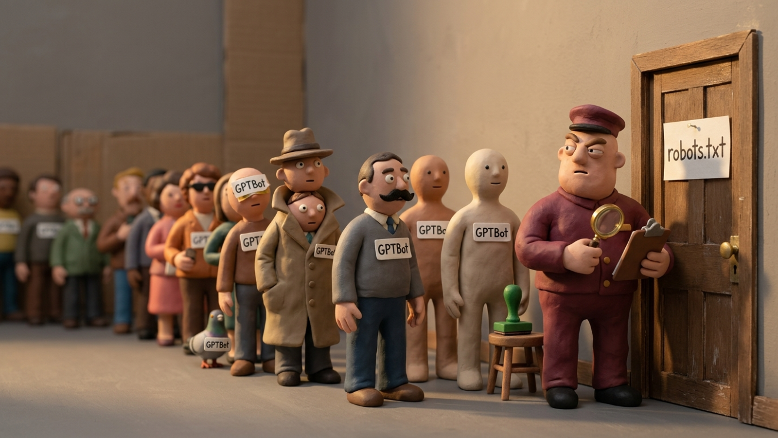 Clay doorman at a door marked robots.txt eyes a queue of visitors all wearing GPTBot stickers, most in obvious disguises like fake moustaches.