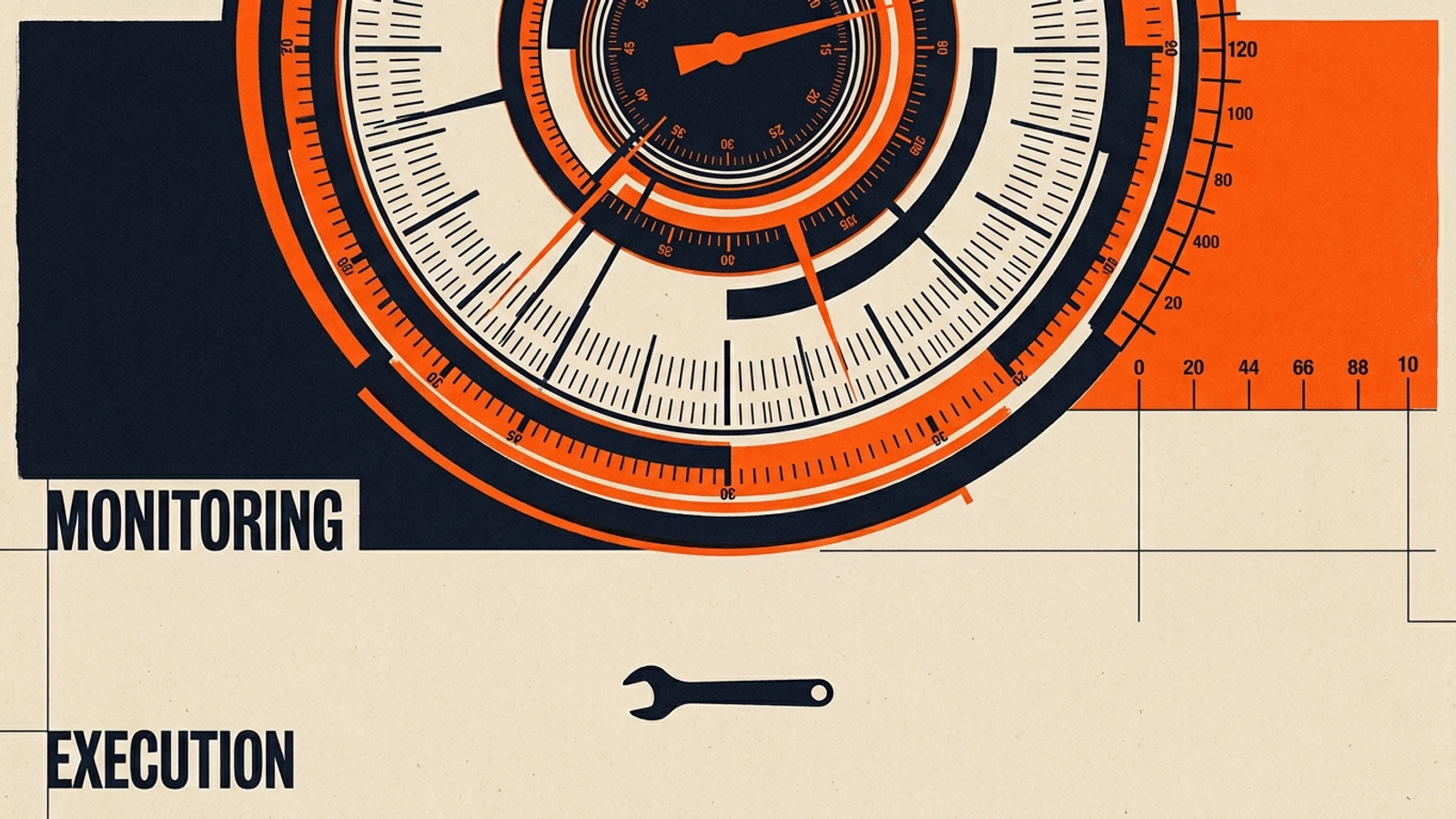 Modernist poster of an elaborate measurement gauge beside a small, unused wrench.