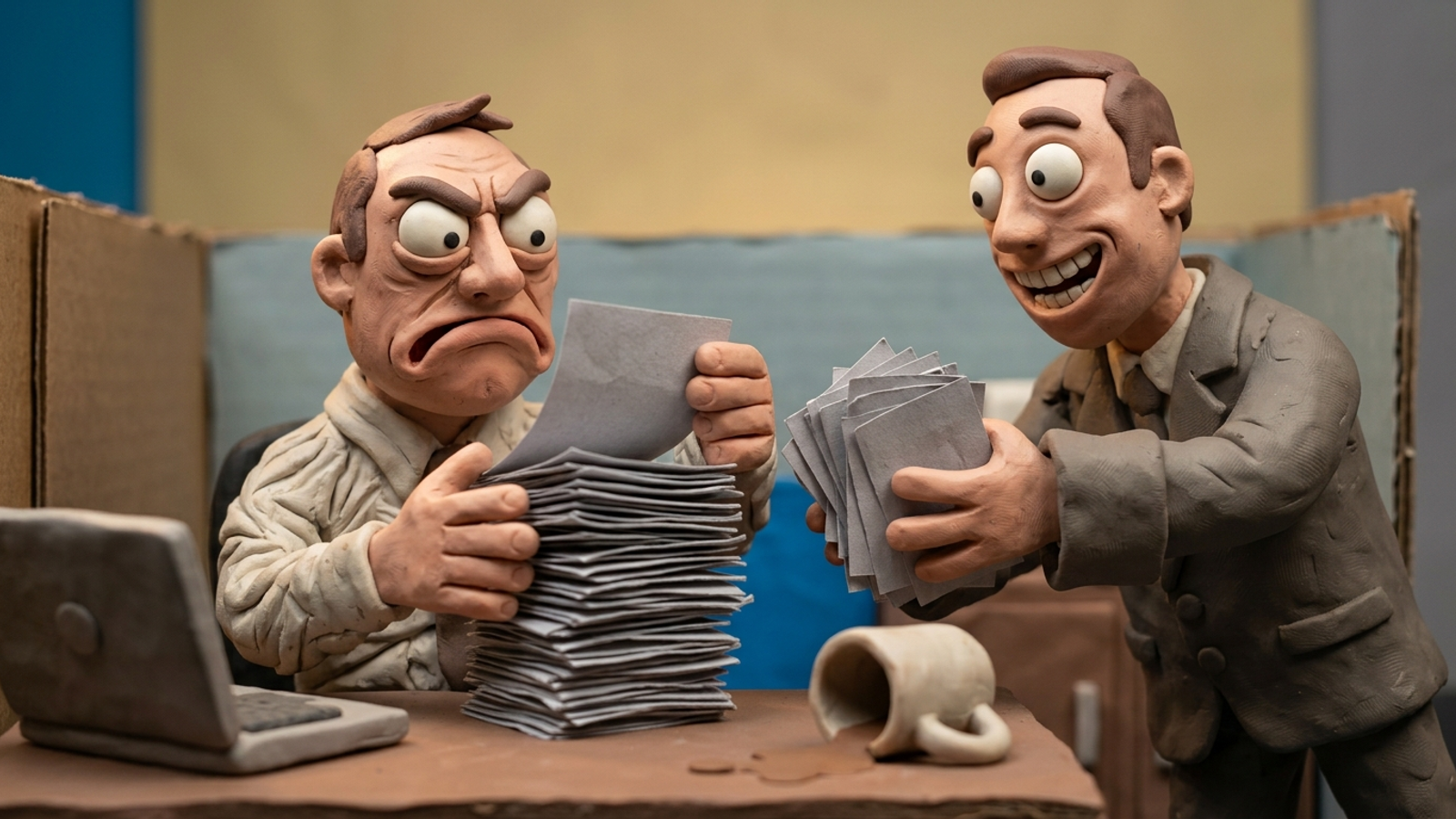 Clay model of an agency handing paper leads to a frowning advertiser