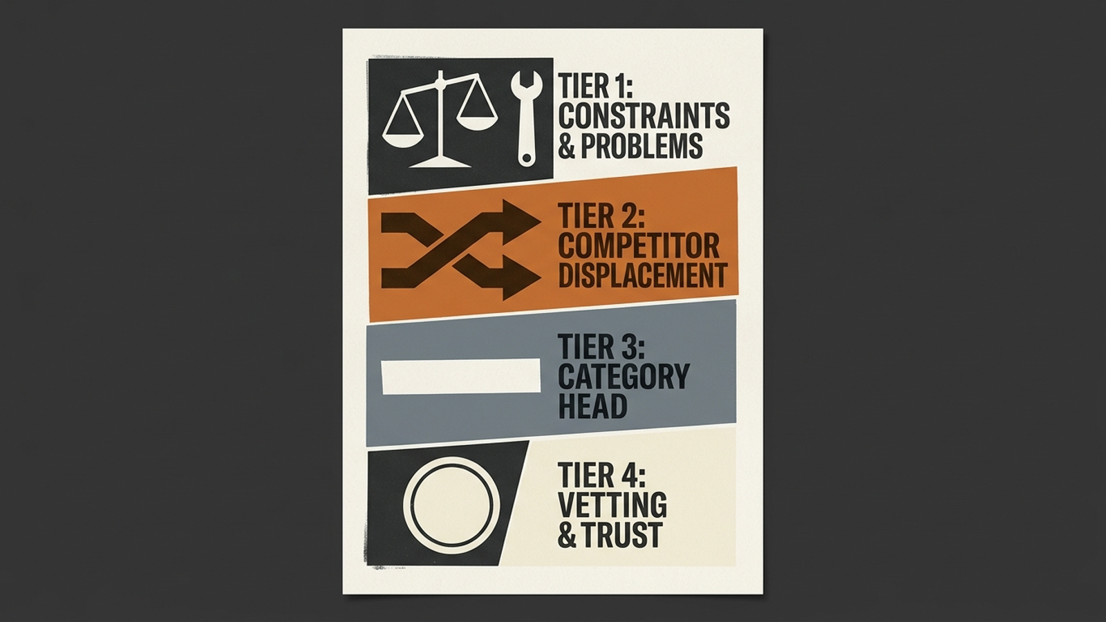 High-contrast graphic showing four prompt buckets ranked by purchase urgency.