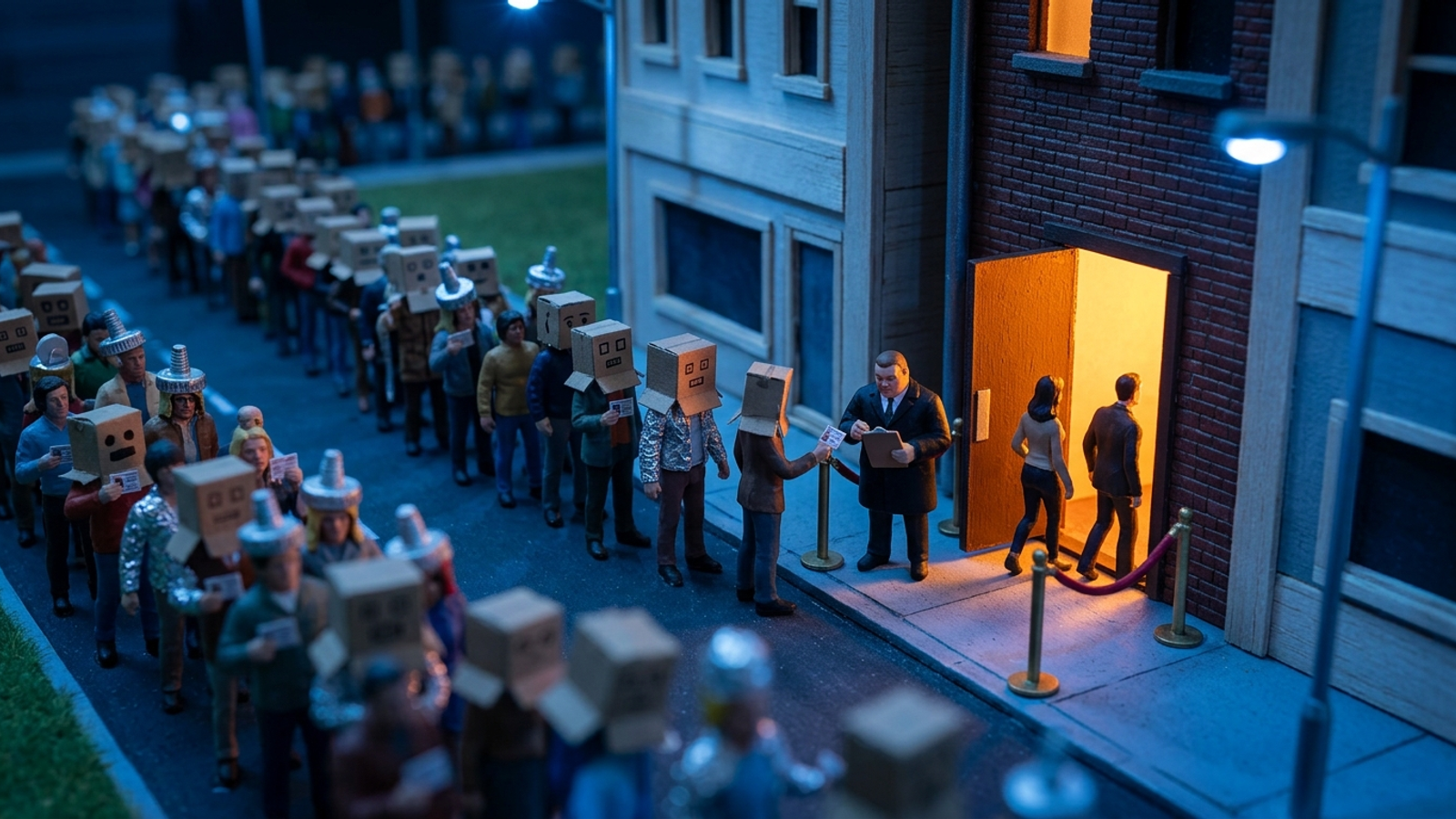 A model nightclub queue of hundreds of figures in cardboard bot disguises while a bouncer lets only two inside, mocking inflated AI bot hit counts.