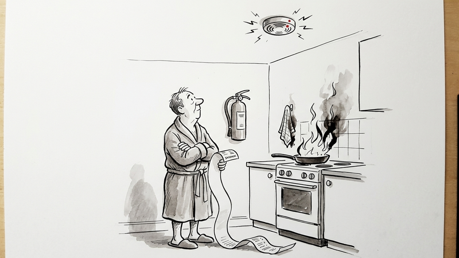 Cartoon of a man in a bathrobe waiting for a beeping smoke detector to put out his kitchen fire, ignoring the extinguisher on the wall.