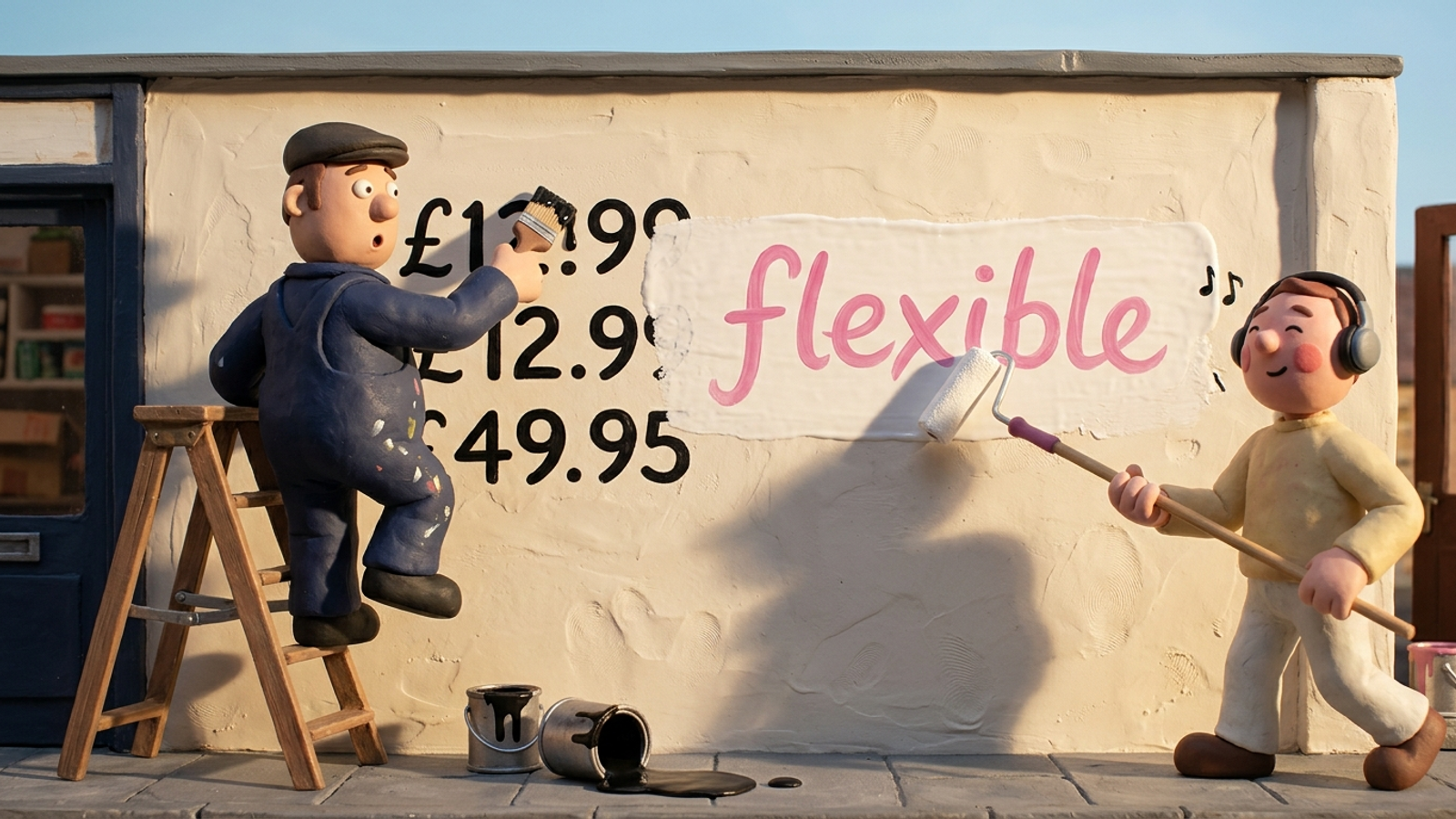 Clay sign-painter gapes as a cheerful decorator rolls white paint over his neatly lettered price and writes "flexible" in its place.
