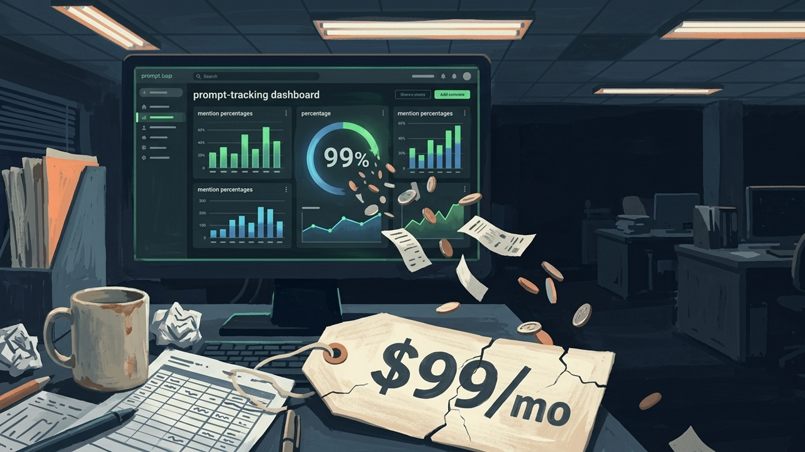 An AI mention-tracking dashboard melting into a bundled feature
