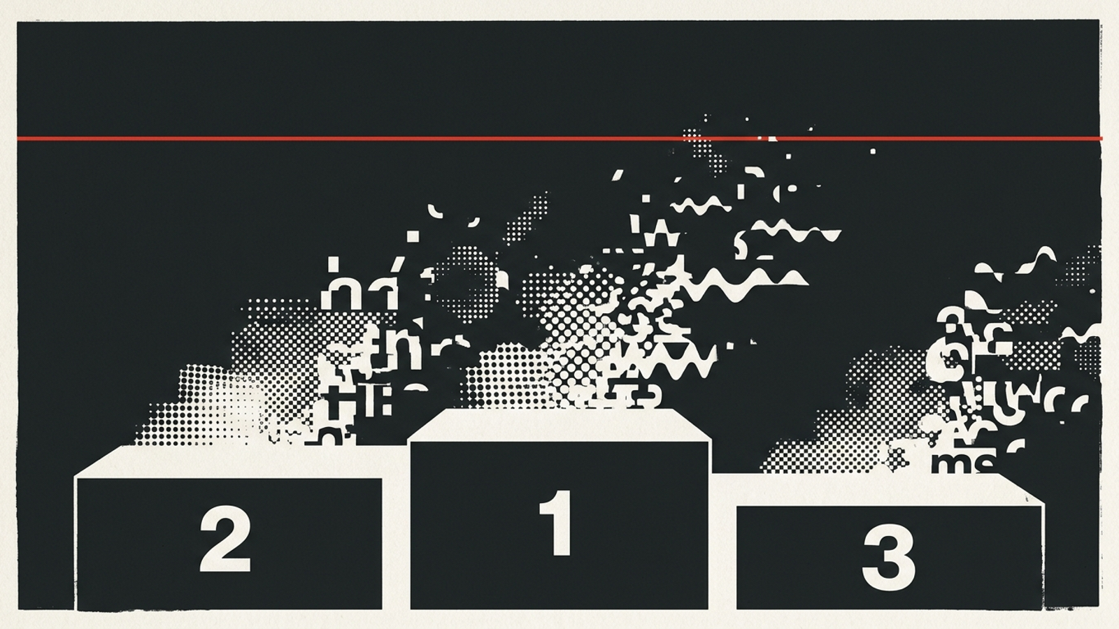 Poster of numbered search-ranking podiums dissolving into fluid halftone waves.
