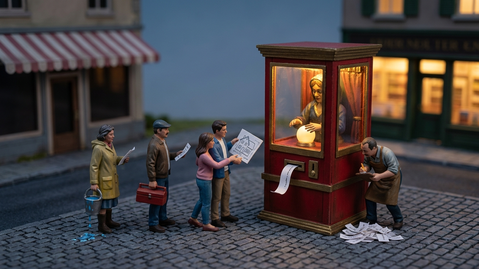 Tiny model town where a shop owner crouches beside a fortune-teller booth, logging which rival shops it recommends while his own shop sits dark