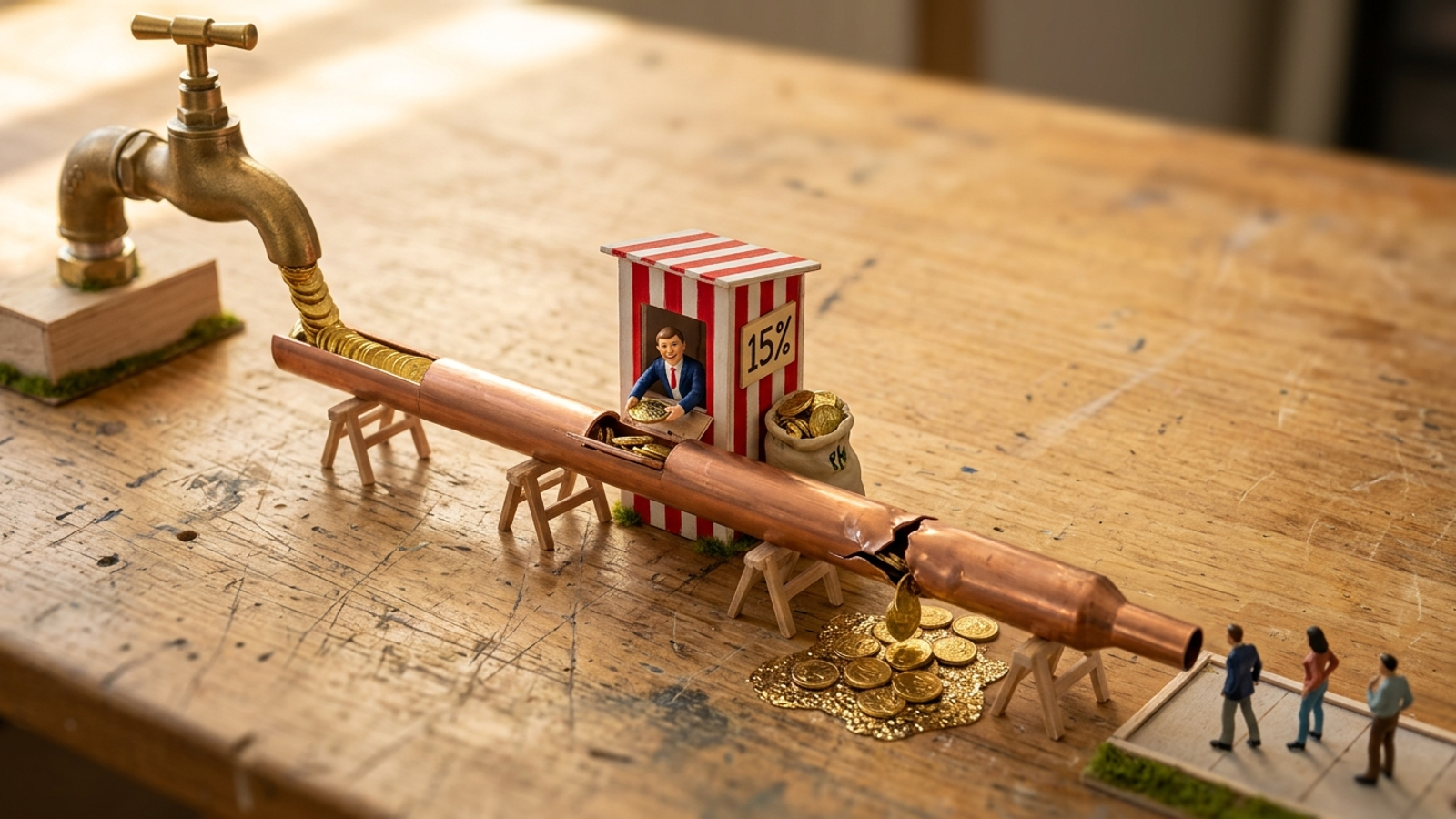 Tabletop model: a giant tap pours coins into a leaky pipe while a grinning tollbooth attendant skims 15%, and only a few tiny customers trickle out.