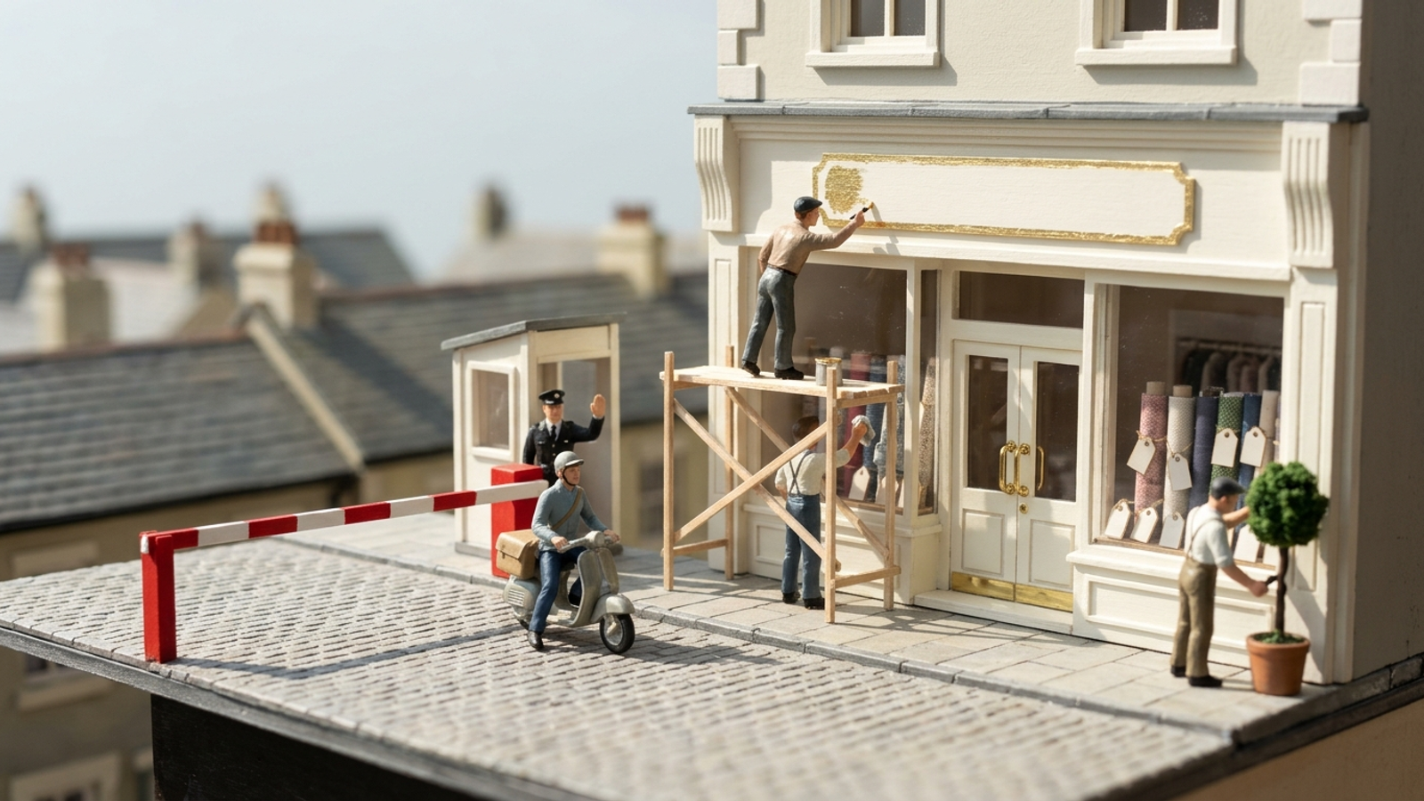 Tiny model workers polish a perfect shopfront while a courier is stopped at a red barrier before the door, so all that polish never gets delivered.