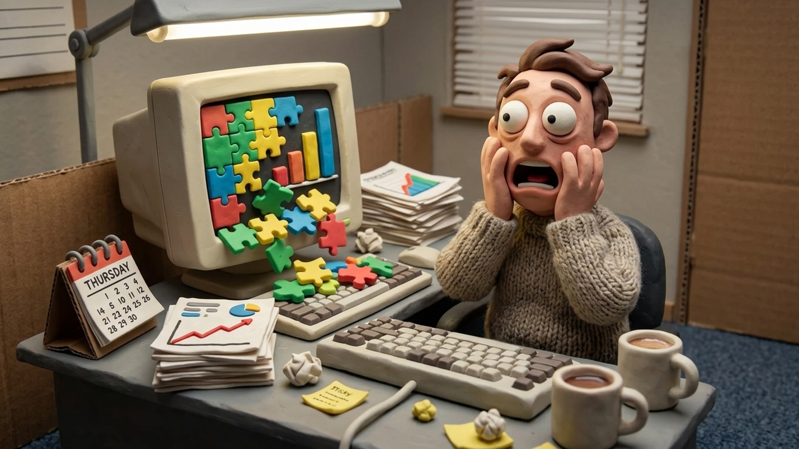A claymation ad manager at a desk as puzzle pieces scramble across the screen.