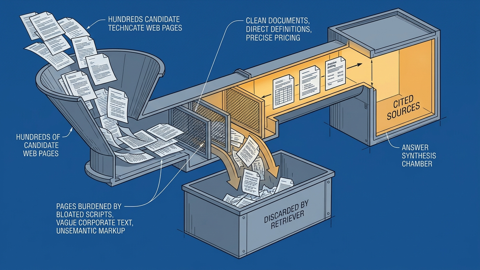 Cutaway diagram showing candidate pages filtered through an AI retrieval pipeline, with most discarded before citation.