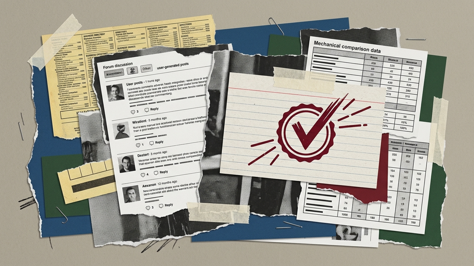 Analog collage of torn paper forum snippets, technical specification cards, and directory stamps showing third-party citation sources.