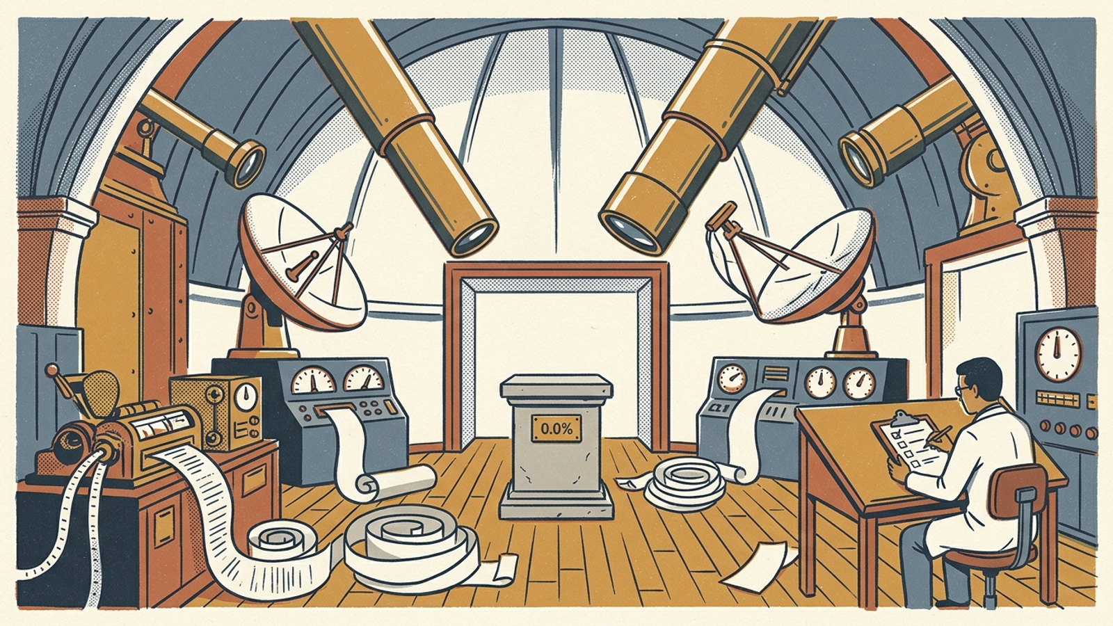 An elaborate observatory with brass telescopes aimed at an empty pedestal marked zero citations.