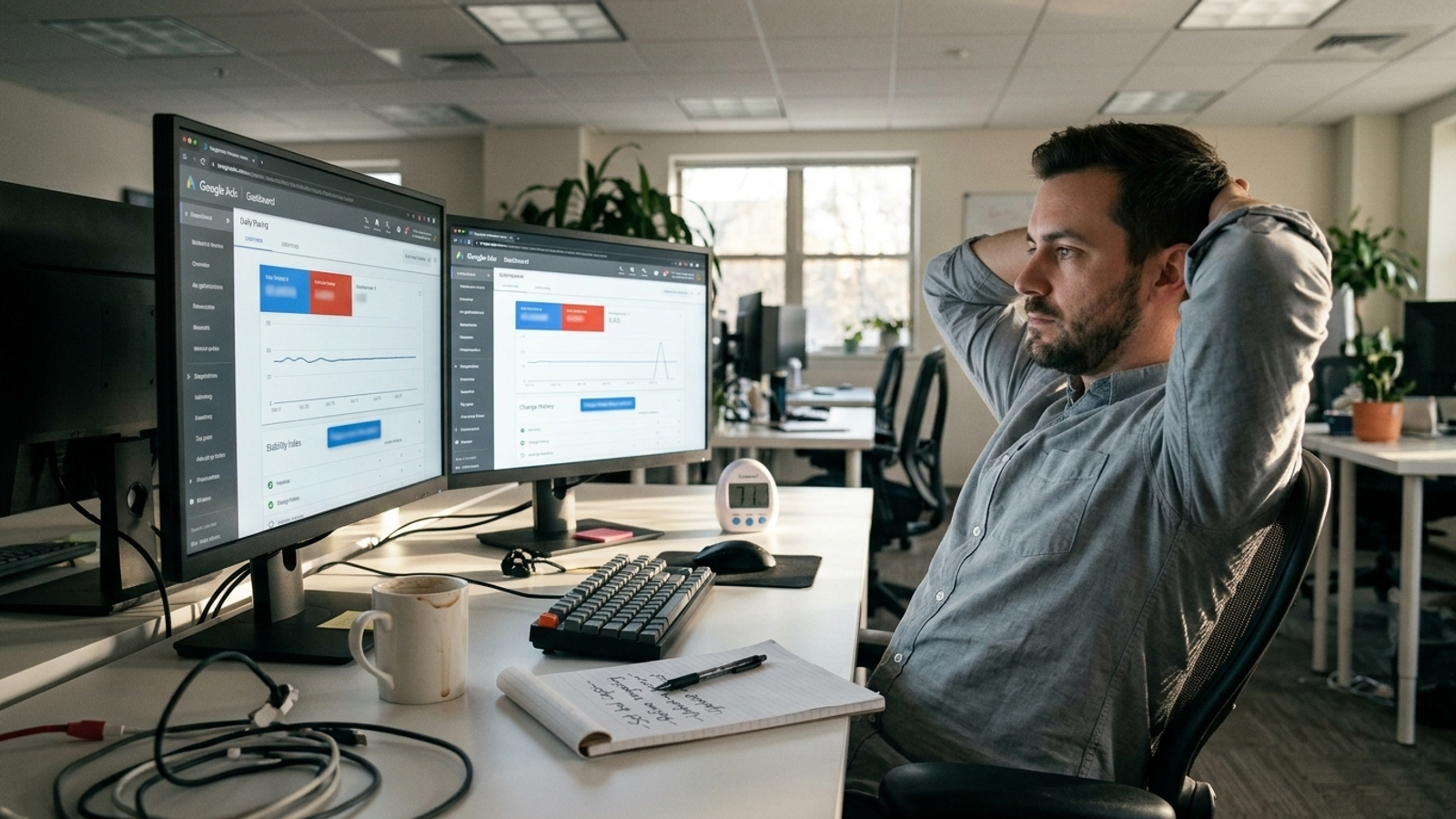 Media buyer seated at a desk while automated ad campaigns run.