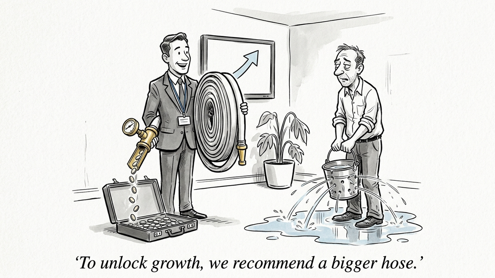 Cartoon of an agency rep offering a bigger hose, metered into his briefcase, to a client holding a leaking bucket: more spend, more fee, same leaks.