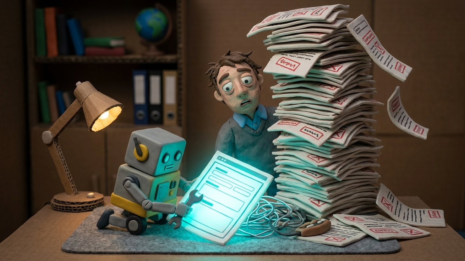 Clay stop-motion scene of a marketer beneath an audit pile while a small robot fixes one page