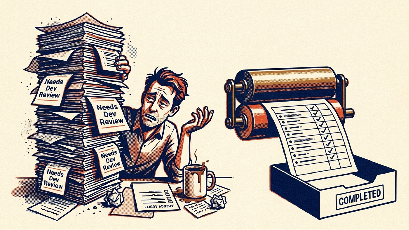 Agency audit checklists piled beside rollers delivering finished action logs.