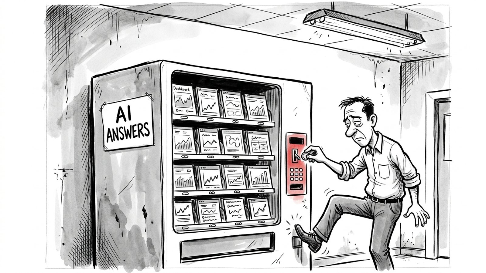 Cartoon advertiser puts coins into an AI answers machine and gets dashboard screenshots
