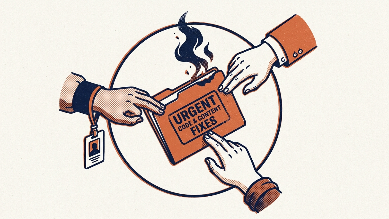 Illustration of three business-suited hands passing an unexecuted audit report around in a circle.