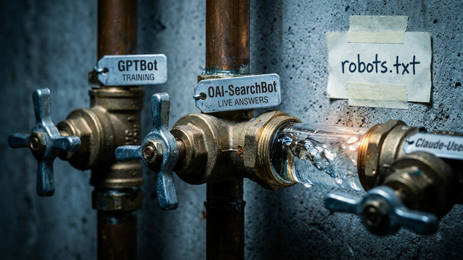 Valves labeled with AI bot names controlling access to a website