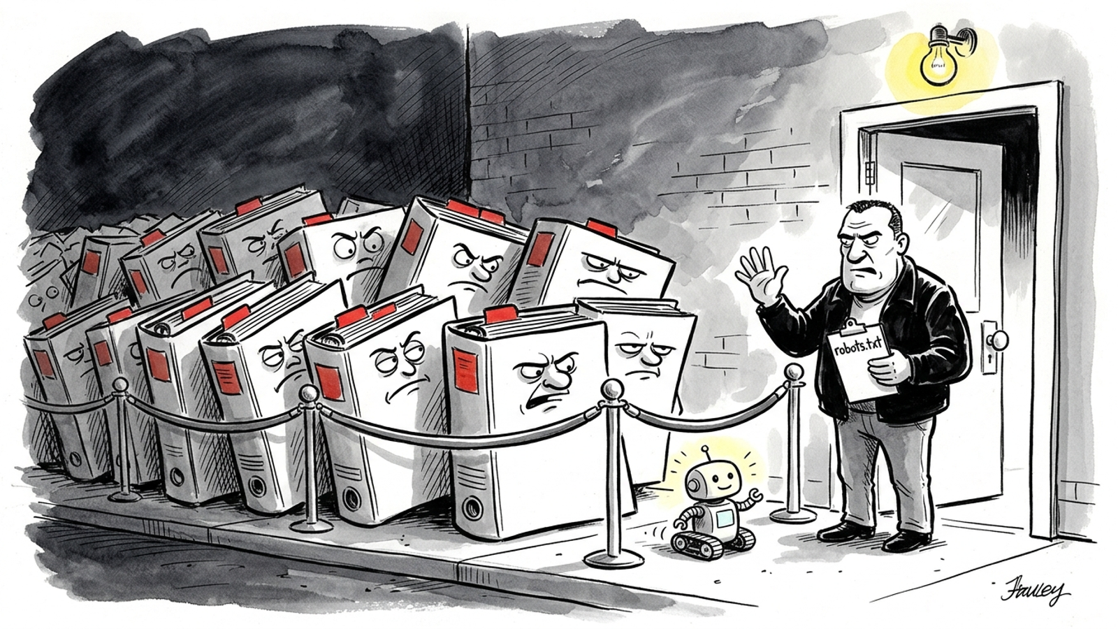 A bouncer checks IDs at a small velvet rope while audit binders wait behind it