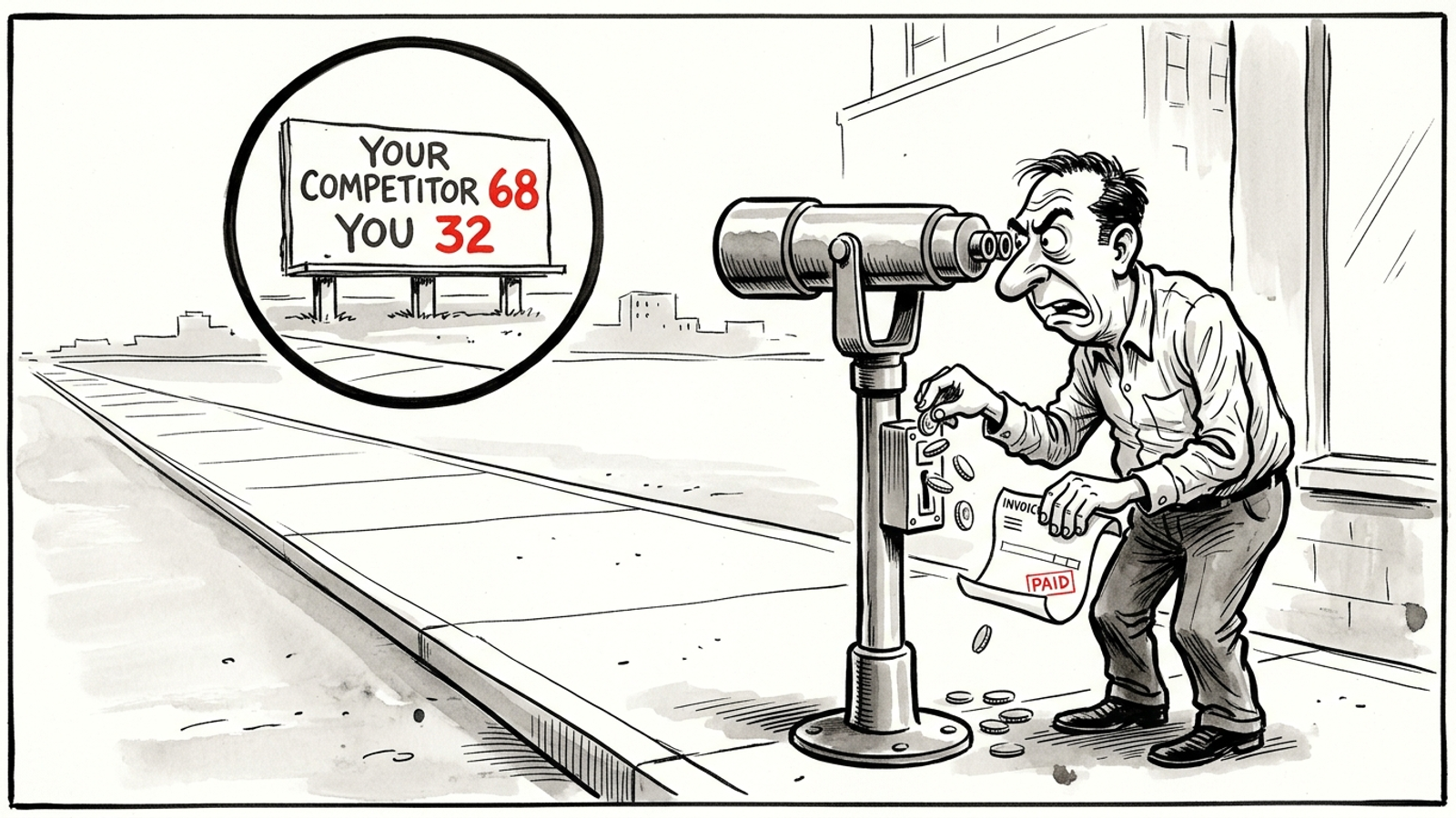 Ink cartoon of a marketer paying monthly for a chart that says you lost